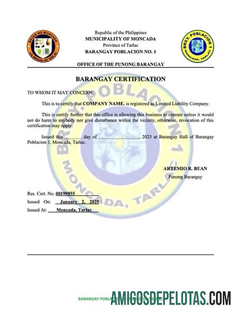 Certificação de registro de Filipinas Barangay para impressão, modelo Word e PDF